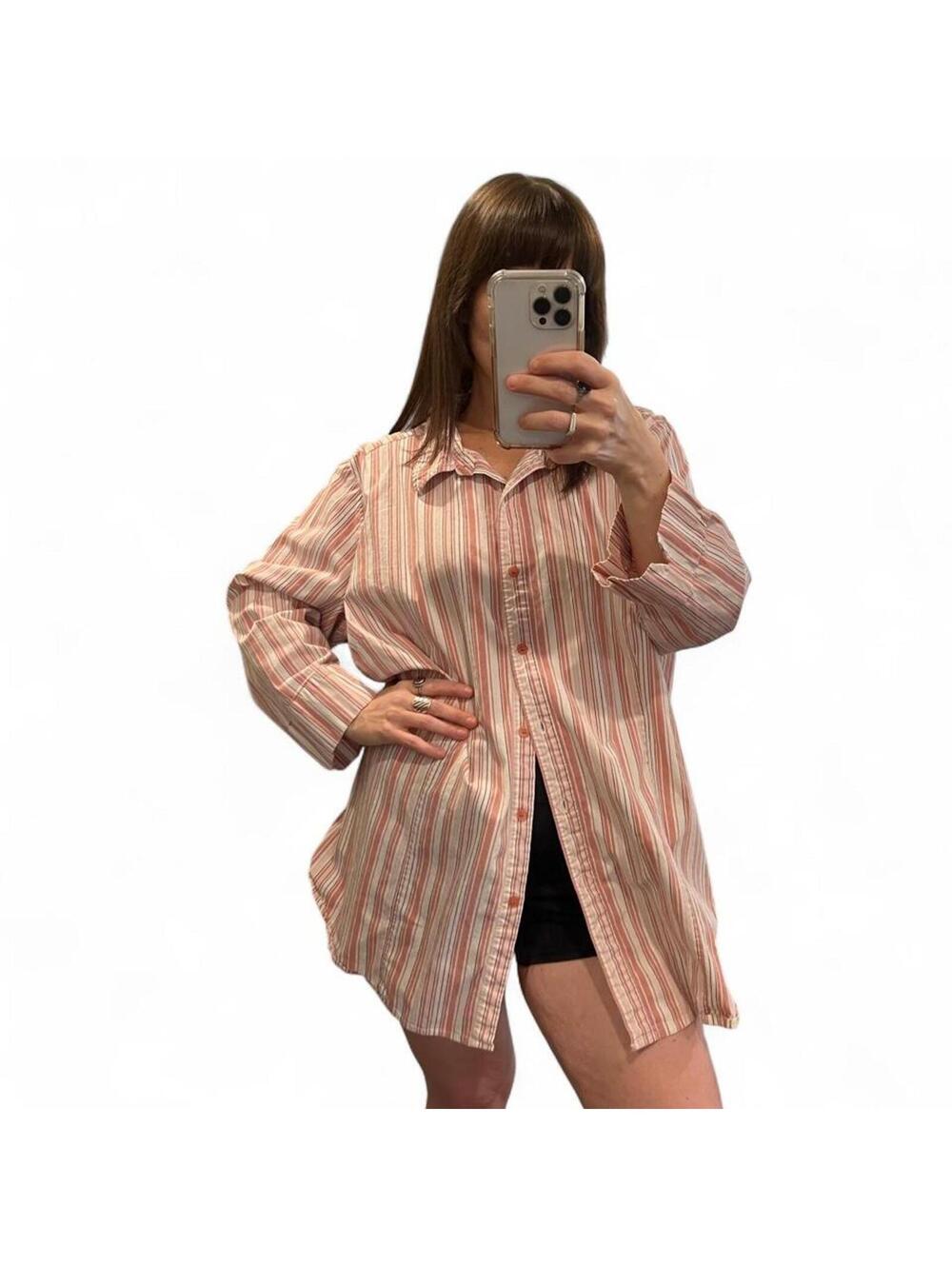 Y2K Pink Cotton Stripe Button Up Shirt Oversized Preppy Coastal 3X